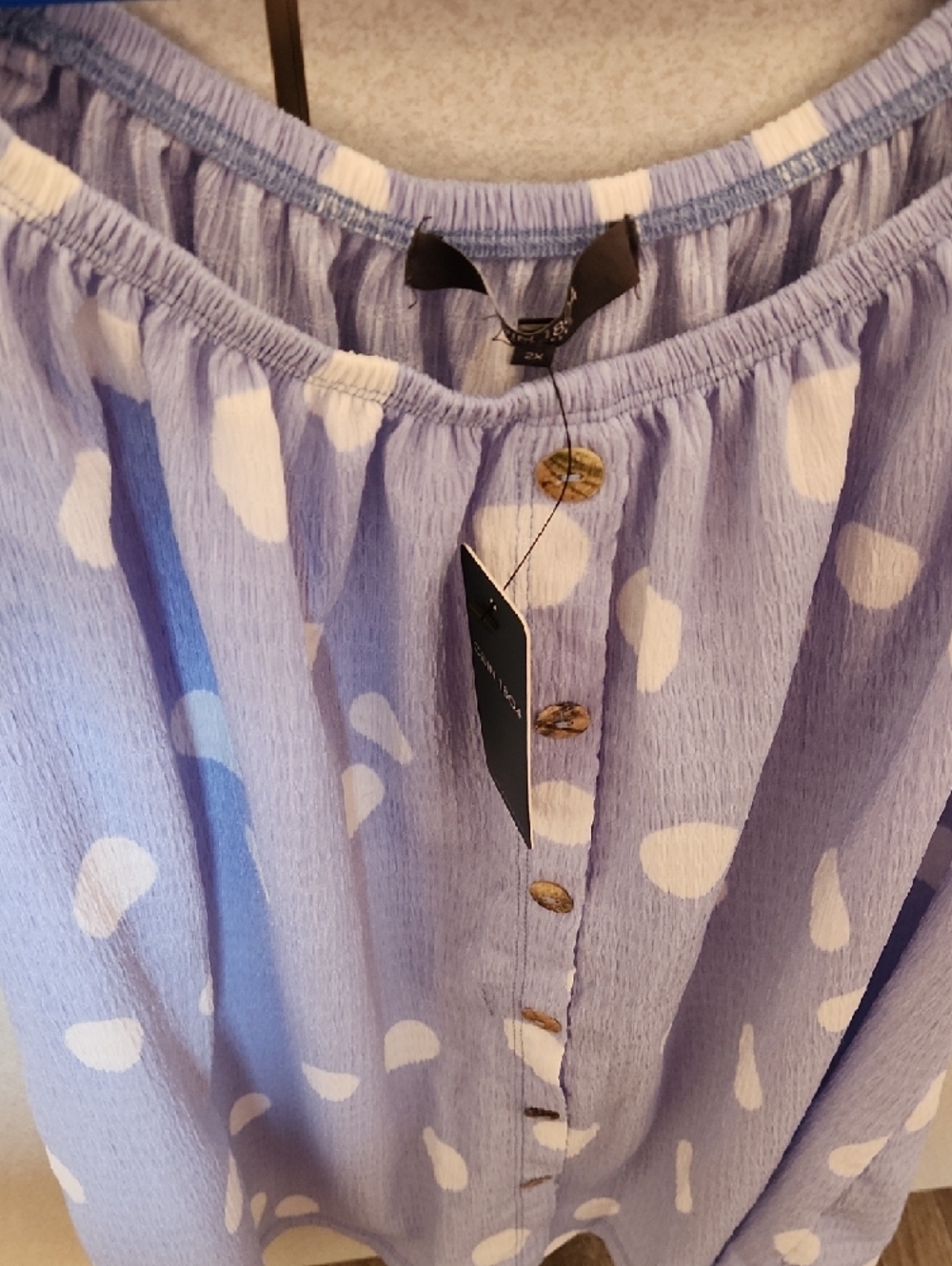 Light Blue Polka Dot Button-Front Women's Blouse - Picture 4 of 4